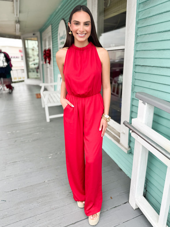 The Gloria High Neck Jumpsuit-Red