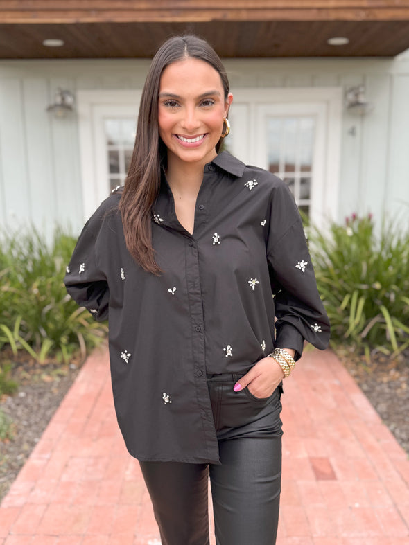 The Jeylen Button Down Rhinestone Top-Black