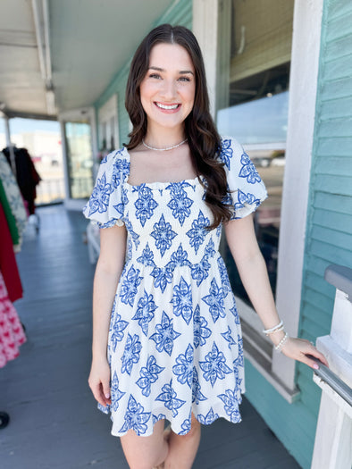 The Scottie Smocked Printed Dress-Blue