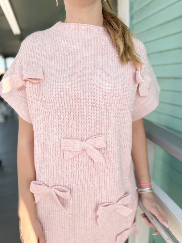 The Winnie Pearl and Bow Sweater Dress-Pink