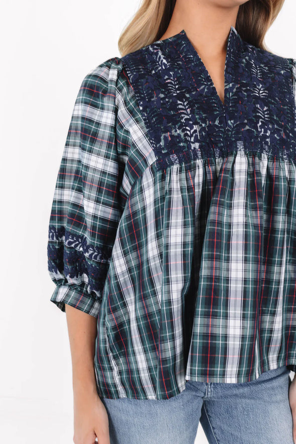 The Shelley Puff Sleeve Plaid Embroidered Tunic-Navy