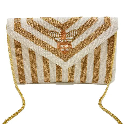 White and Gold Stripe Bee Beaded Bag