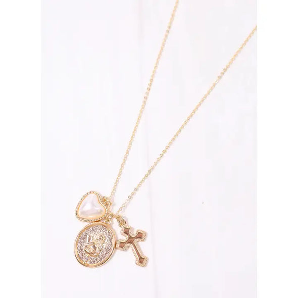 gold cross and heart charm necklace 
