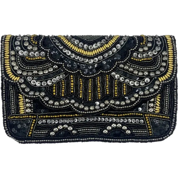 Black and Gold Beaded Clutch 
