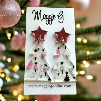 The Pink Christmas Tree Clear Earring