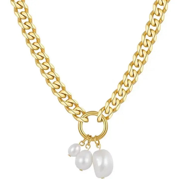 The Pearl Charm Curb Necklace-Gold