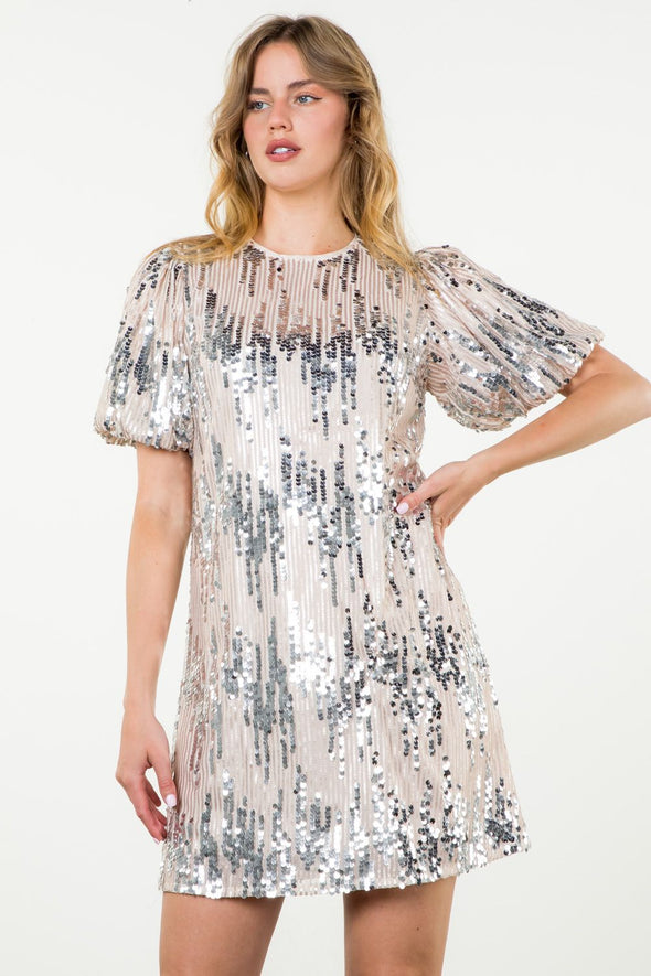 (THML) The Multi Sequin Puff Sleeve Dress-Cream