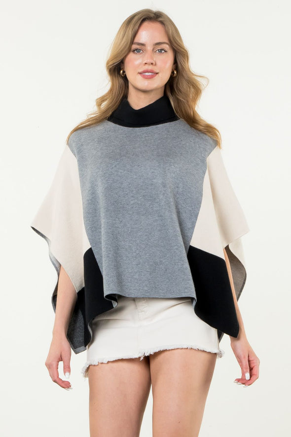 (THML) The Colorblock Mock Neck Poncho-Grey