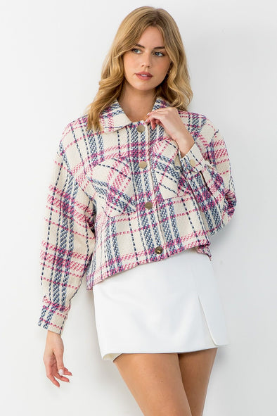 pink and blue plaid jacket 