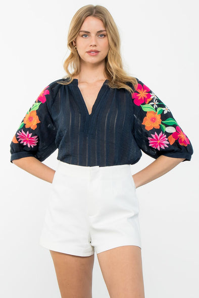 Navy THML top with embroidered sleeves