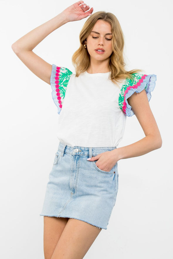 white tee shirt top with colorful flutter sleeves