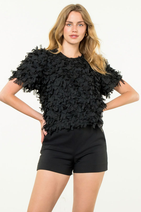 (THML) The Geanna Fringe Short Sleeve Top-Black