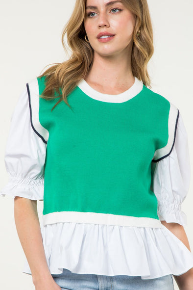 (THML) The Matteo Mixed Media Top-Green