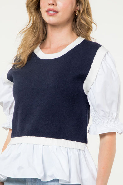 (THML) The Matteo Mixed Media Top-Navy