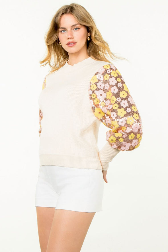 (THML) The Sammi Sequin Flower Sleeve Top-Cream